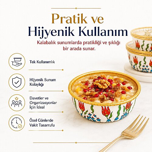 Roll-Up Premium Lale Desenli Beyaz Yuvarlak Tatlı-Aşure Kase 6 Adet - 2