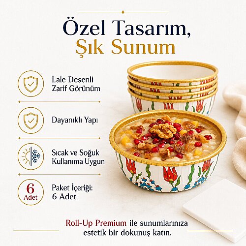 Roll-Up Premium Lale Desenli Beyaz Yuvarlak Tatlı-Aşure Kase 6 Adet - 3