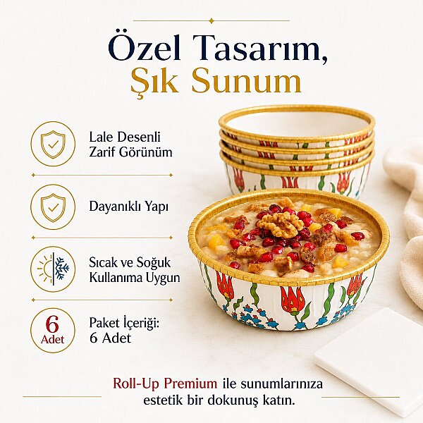 Roll-Up Premium Lale Desenli Beyaz Yuvarlak Tatlı-Aşure Kase 6 Adet - 3
