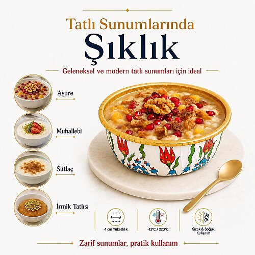 Roll-Up Premium Lale Desenli Beyaz Yuvarlak Tatlı-Aşure Kase 6 Adet - 5